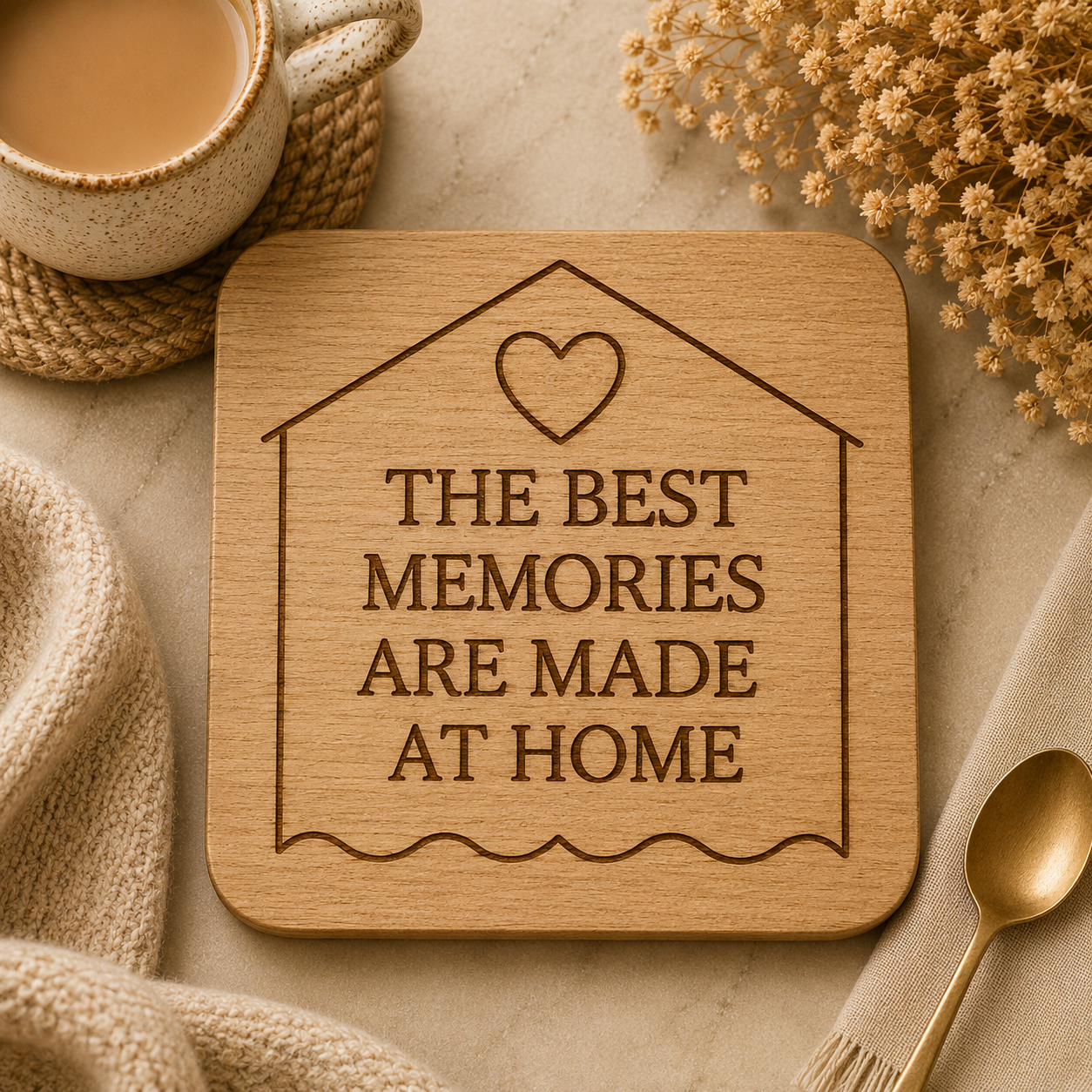 Square wooden coaster with 'the best memories are made at home' text and house shaped border, on a wooden table with a cup of tea.