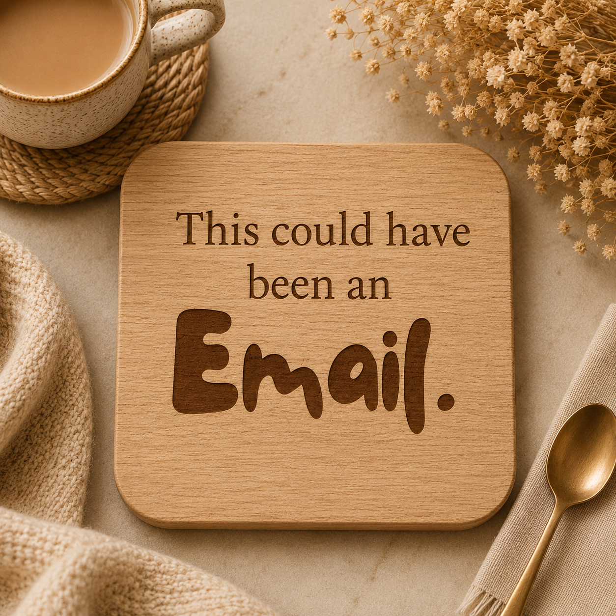 Square wooden coaster with 'this could have been an email' text, one a stone worksurface with a cup of tea and plants.