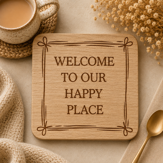 Square wooden coaster featuring the quote "Welcome to our happy place" in crisp lettering with a cute bow border, on a stone work surface with cup of tea and plants.