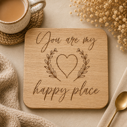 Square wooden coaster with "You are my happy place" text and heart and flowers illustration, on a stone surface with cup of tea.
