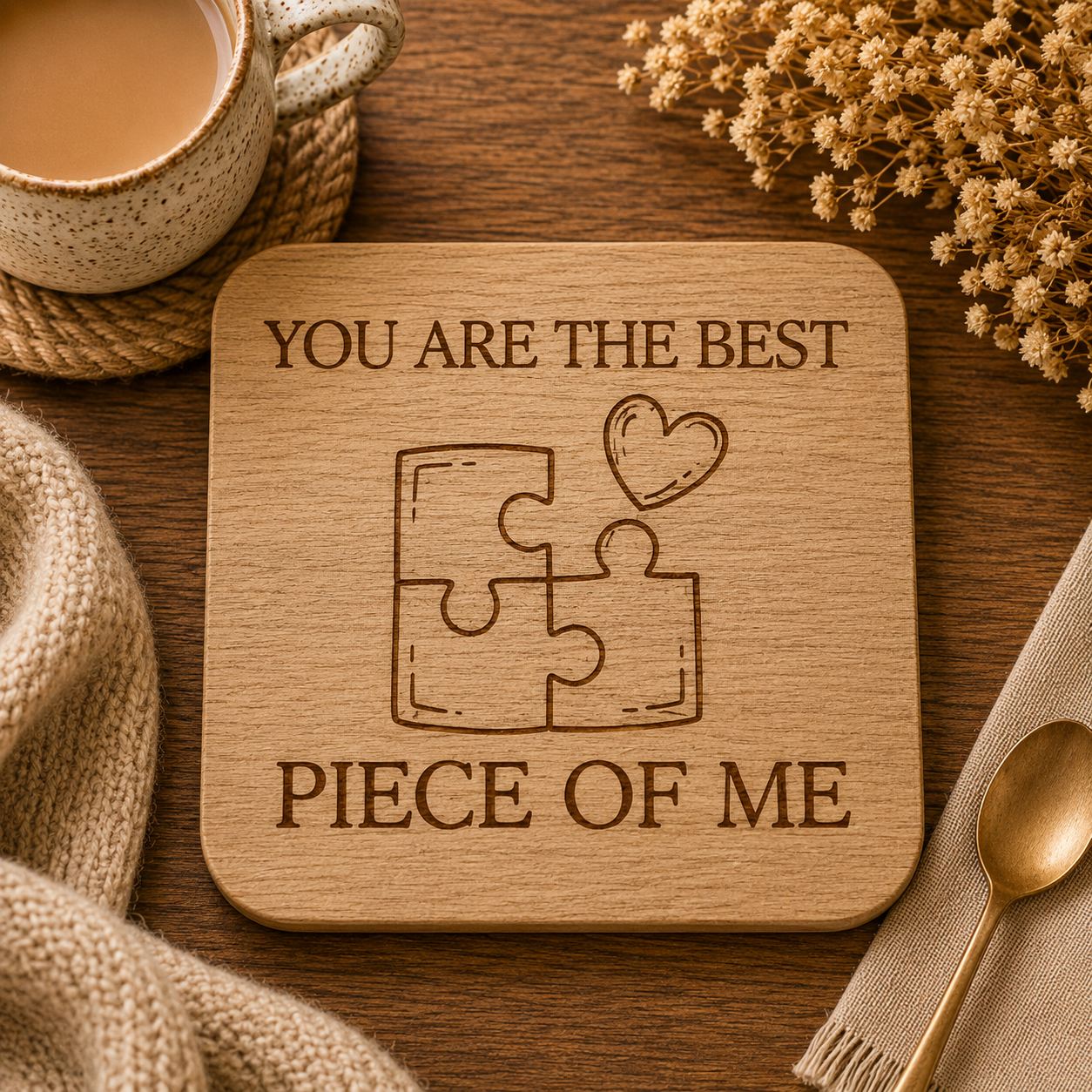 Square Unvarnished Acacia Wood Quote Coaster - "You are the best piece of me"