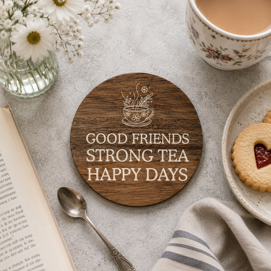 Round wooden coaster with 'Good Friends Strong Tea Happy Days' text on a table with tea and cookies.