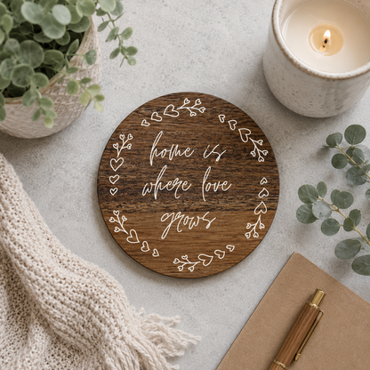 Wooden coaster with 'home is where love grows' text on a table with a candle, plant, and pen.