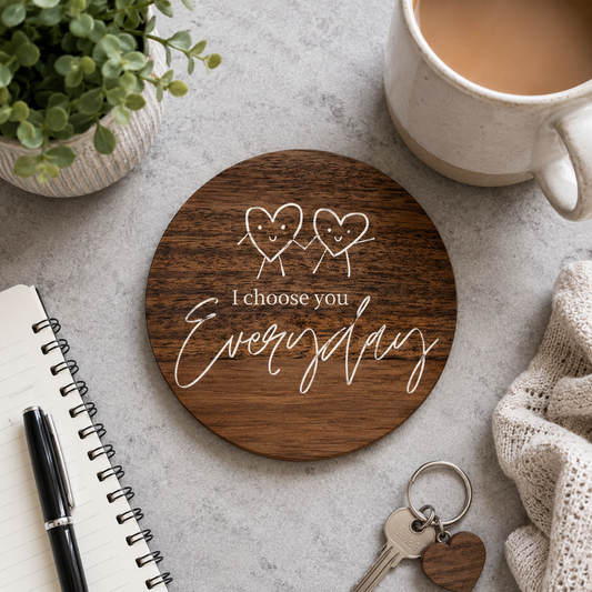 Wooden coaster with 'I choose you Everyday' text on a table with a mug, plant, and notebook.