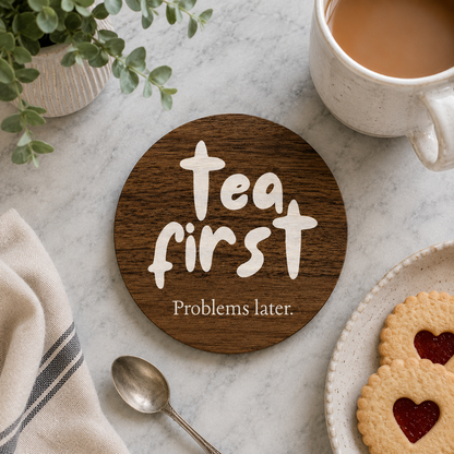 Round wooden coaster with 'Tea first, Problems later' text on a table with tea and cookies.