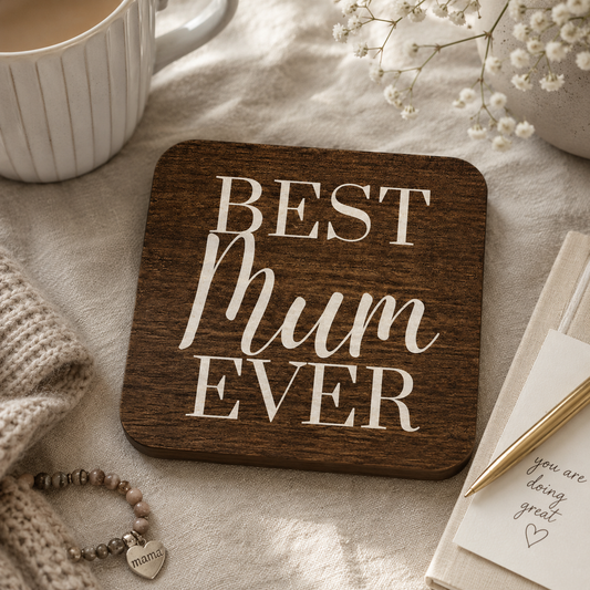 Square wooden coaster with 'Best Mum Ever' text on a soft fabric background with a cup and card.