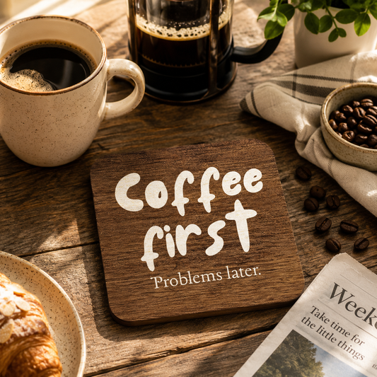 Square wooden coaster with 'Coffee first, Problems later.' text on a table with coffee mug, beans, and newspaper.