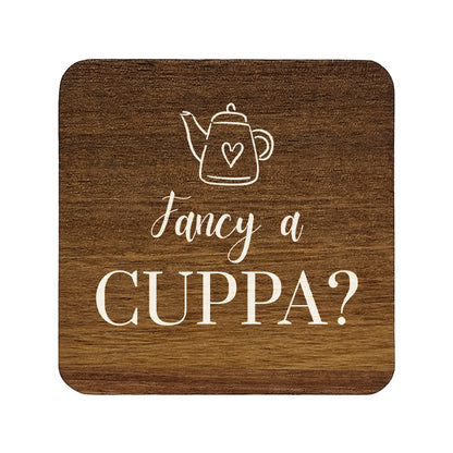 Square wooden coaster with teapot illustration and 'Fancy a Cuppa?' text on a white background