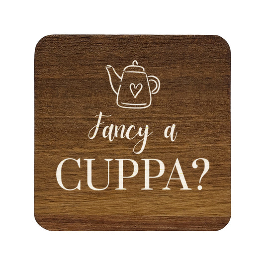 Square wooden coaster with teapot illustration and 'Fancy a Cuppa?' text on a white background