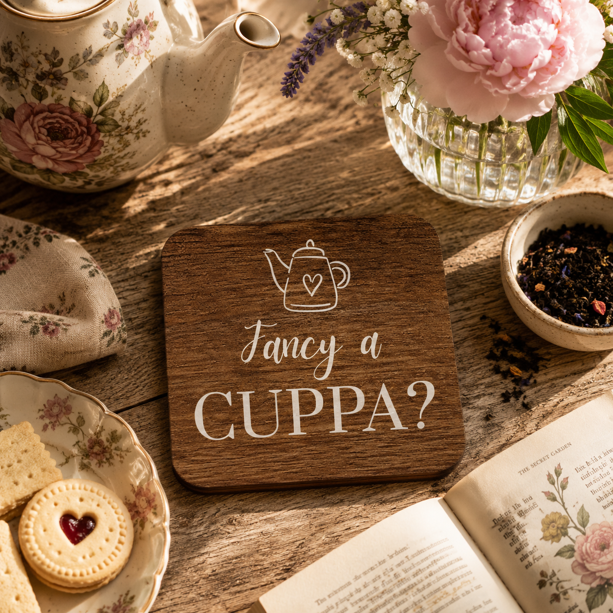 Square wooden coaster with 'Fancy a Cuppa?' text on a tea-themed table setting.