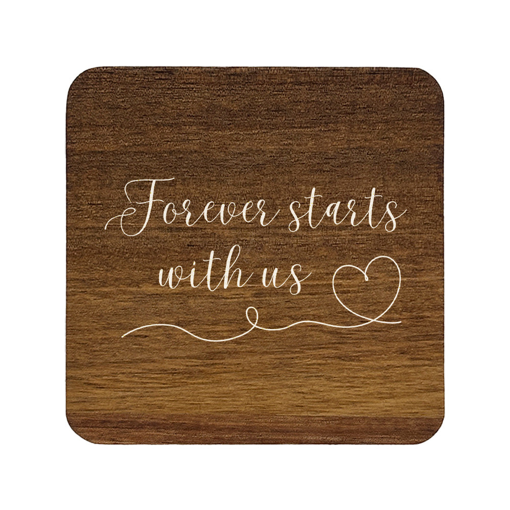 Square wooden coaster with 'forever starts with us' text and heart illustration