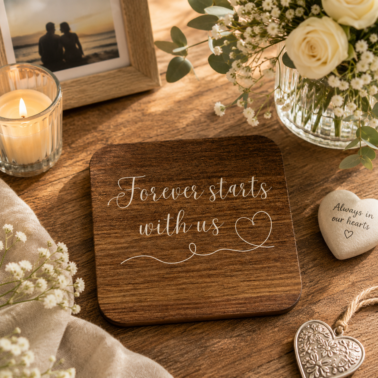 Square wooden coaster with 'forever starts with us' text on a wooden surface with wedding flowers.
