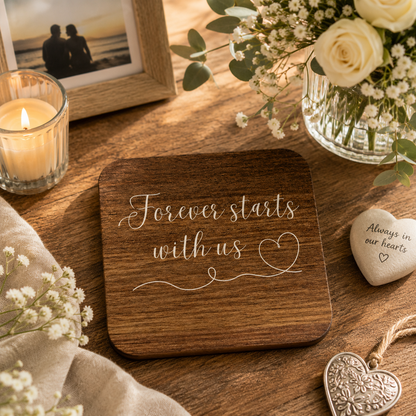 Square wooden coaster with 'forever starts with us' text on a wooden surface with wedding flowers.