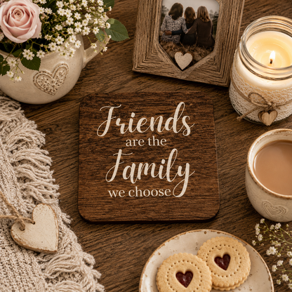 Square wooden coaster with 'Friends are the family we choose' text, surrounded by a candle, cookies, and a photo frame on a wooden surface.