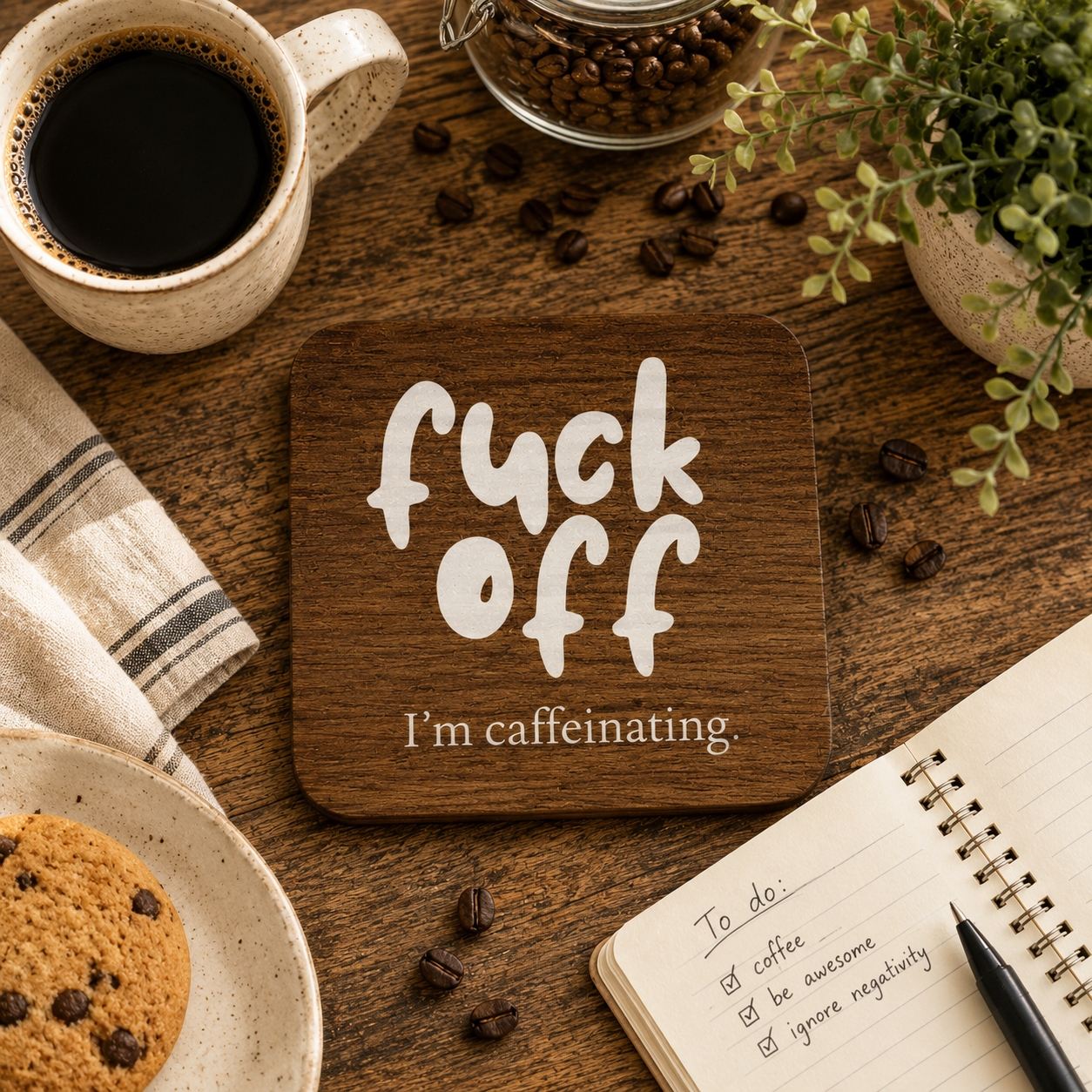 Square wooden coaster with funny text 'fuck off I'm caffeinating' in white text on a wooden desk with coffee and notebook.