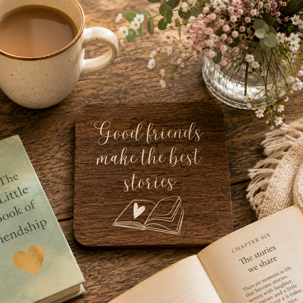 Square wooden coaster with the quote 'good friends make the best stories' and book illustration on a wooden desk with cup of tea and books.