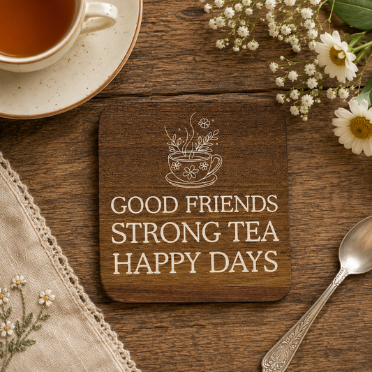 Square wooden coaster with 'Good Friends Strong Tea Happy Days' text on a wooden table with tea cup and flowers.