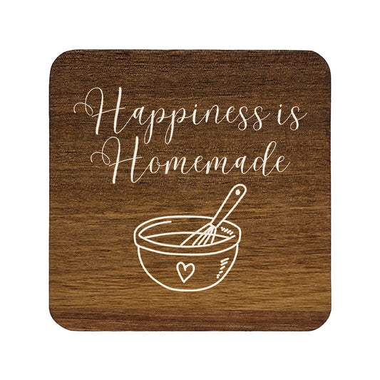 Square wooden coaster with 'Happiness is Homemade' text and a bowl and whisk illustration.