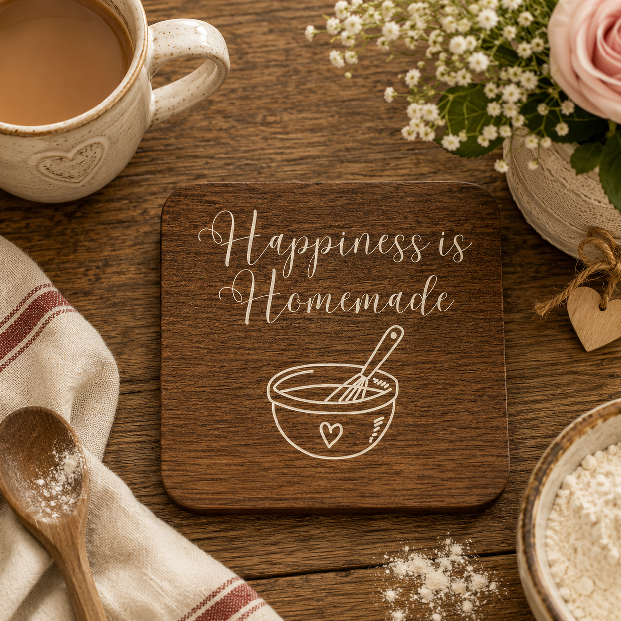 Square wooden coaster with 'Happiness is Homemade' text and a bowl icon, placed on a wooden table with a cup of coffee and flowers.