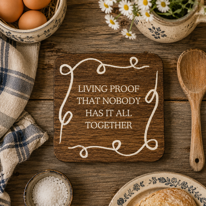 Square wooden coaster with quote 'Living proof that nobody has it all together' in white lettering on a wooden table with baking ingredients and flowers.