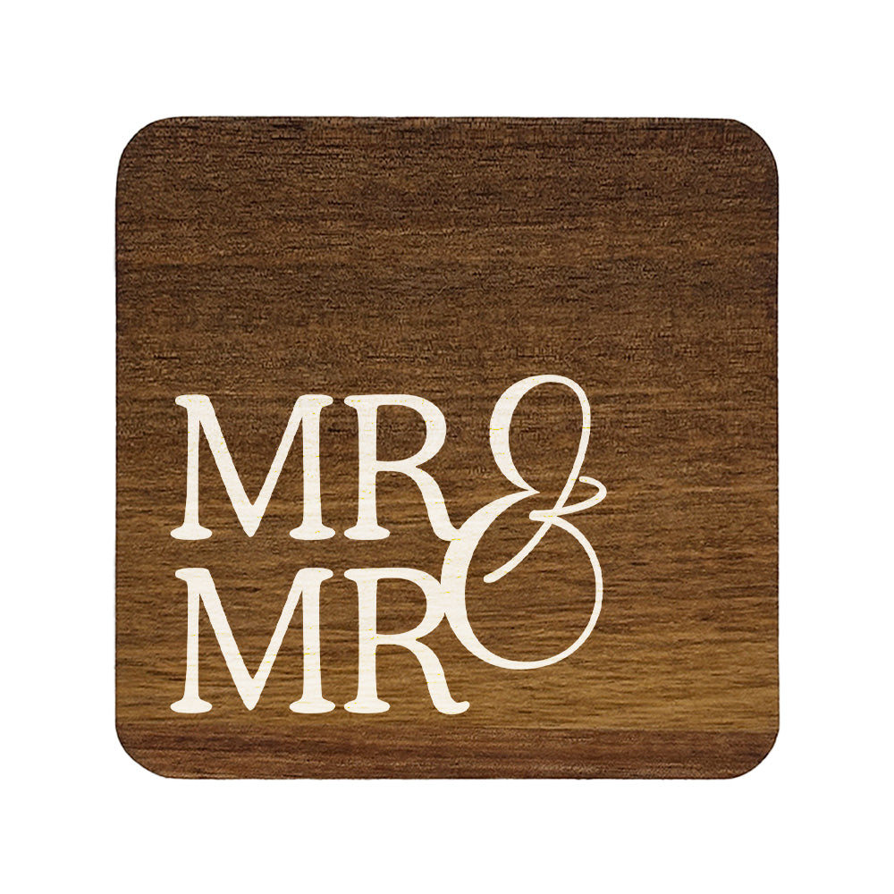 Square wooden coaster with 'MR & MR' text on a white background