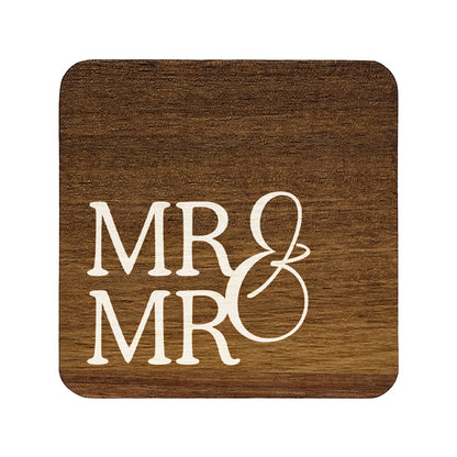 Square wooden coaster with 'MR & MR' text on a white background