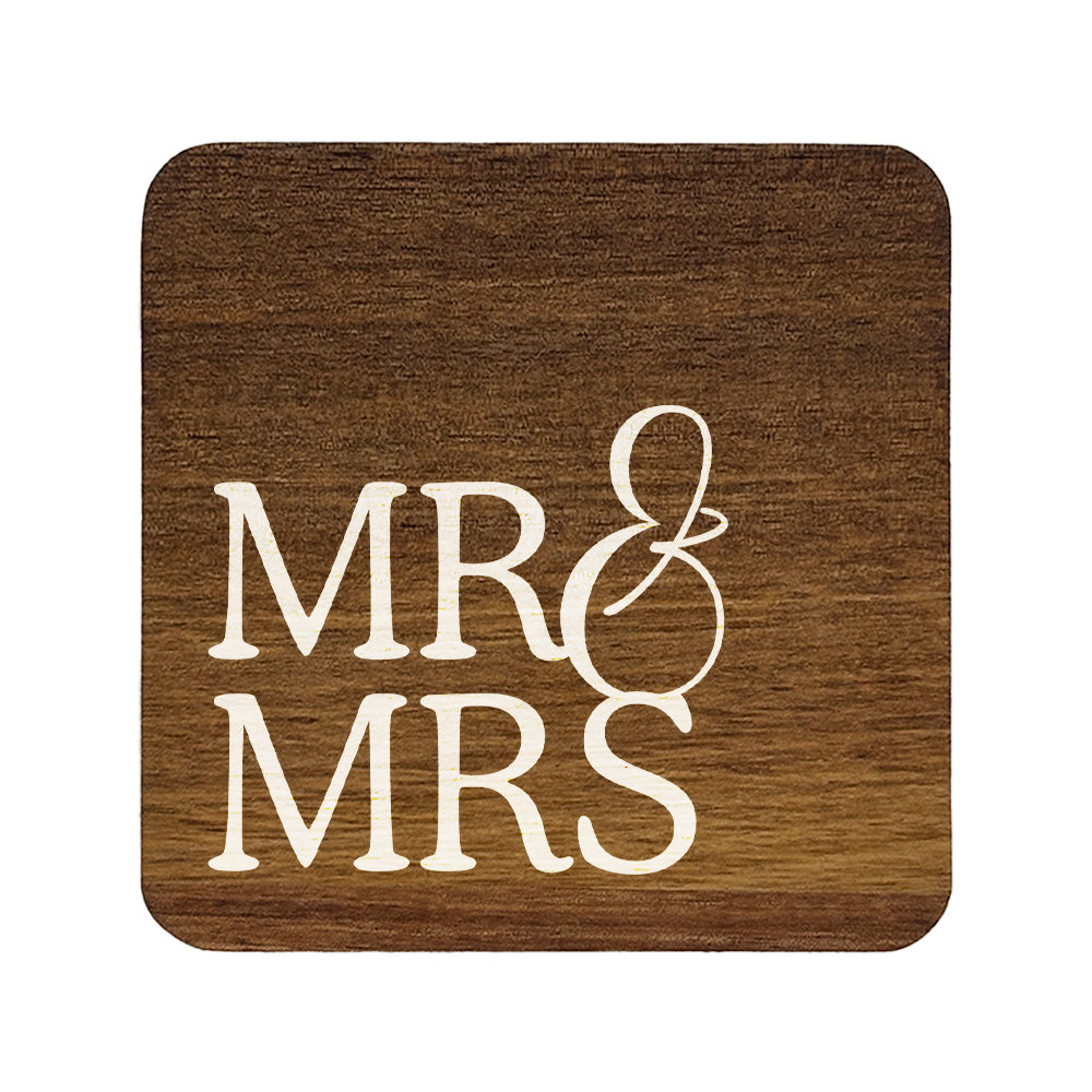 Square wooden coaster with 'MR & MRS' text on a white background