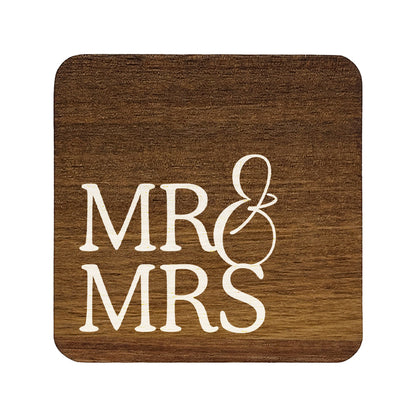 Square wooden coaster with 'MR & MRS' text on a white background