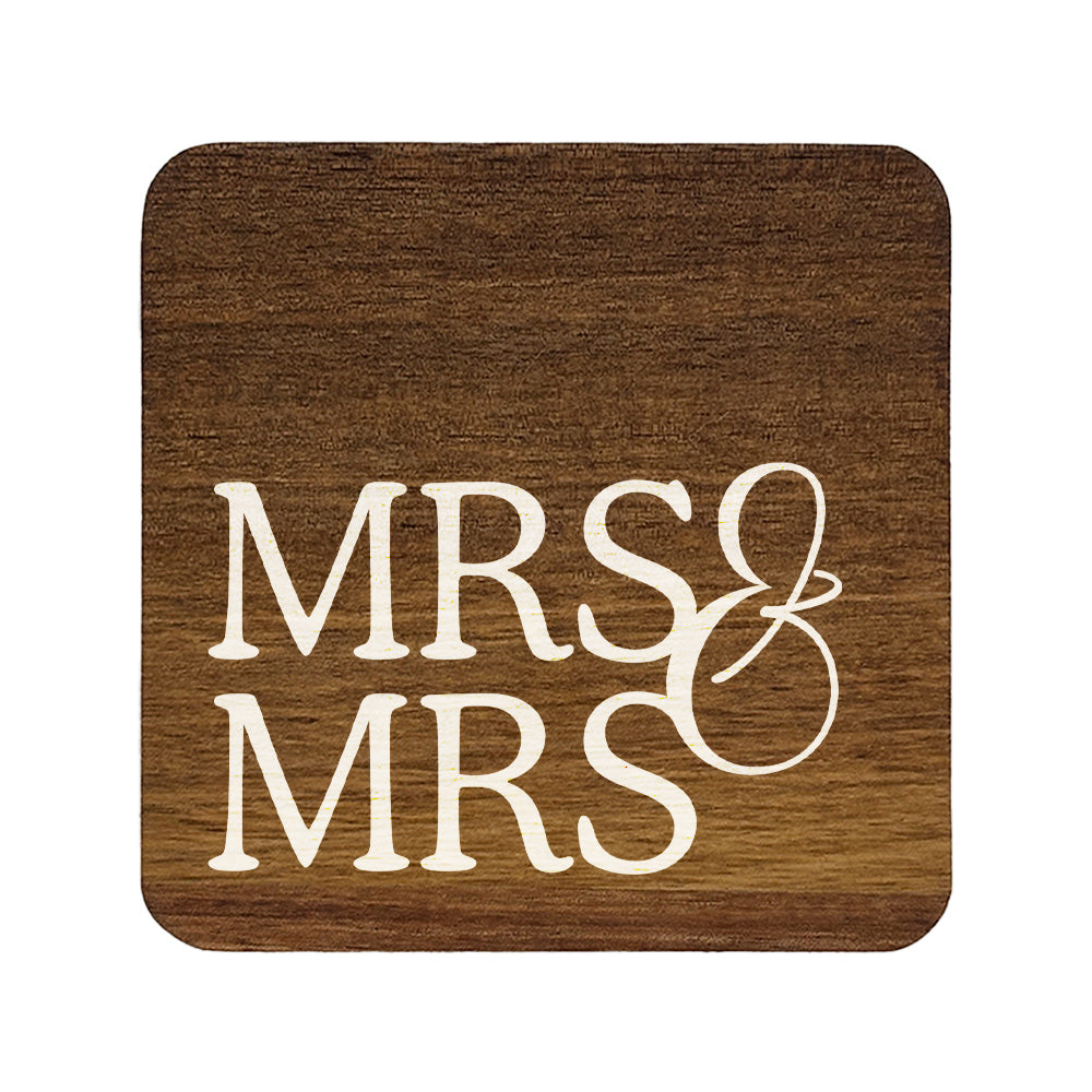 Square wooden coaster with 'MRS & MRS' text on a white background