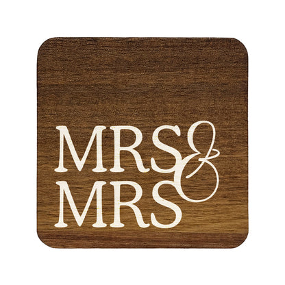 Square wooden coaster with 'MRS & MRS' text on a white background