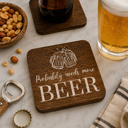 Square wooden coaster with 'probably needs more beer' quote and beer glass illustration on a marble bar with pint of lager and nuts.