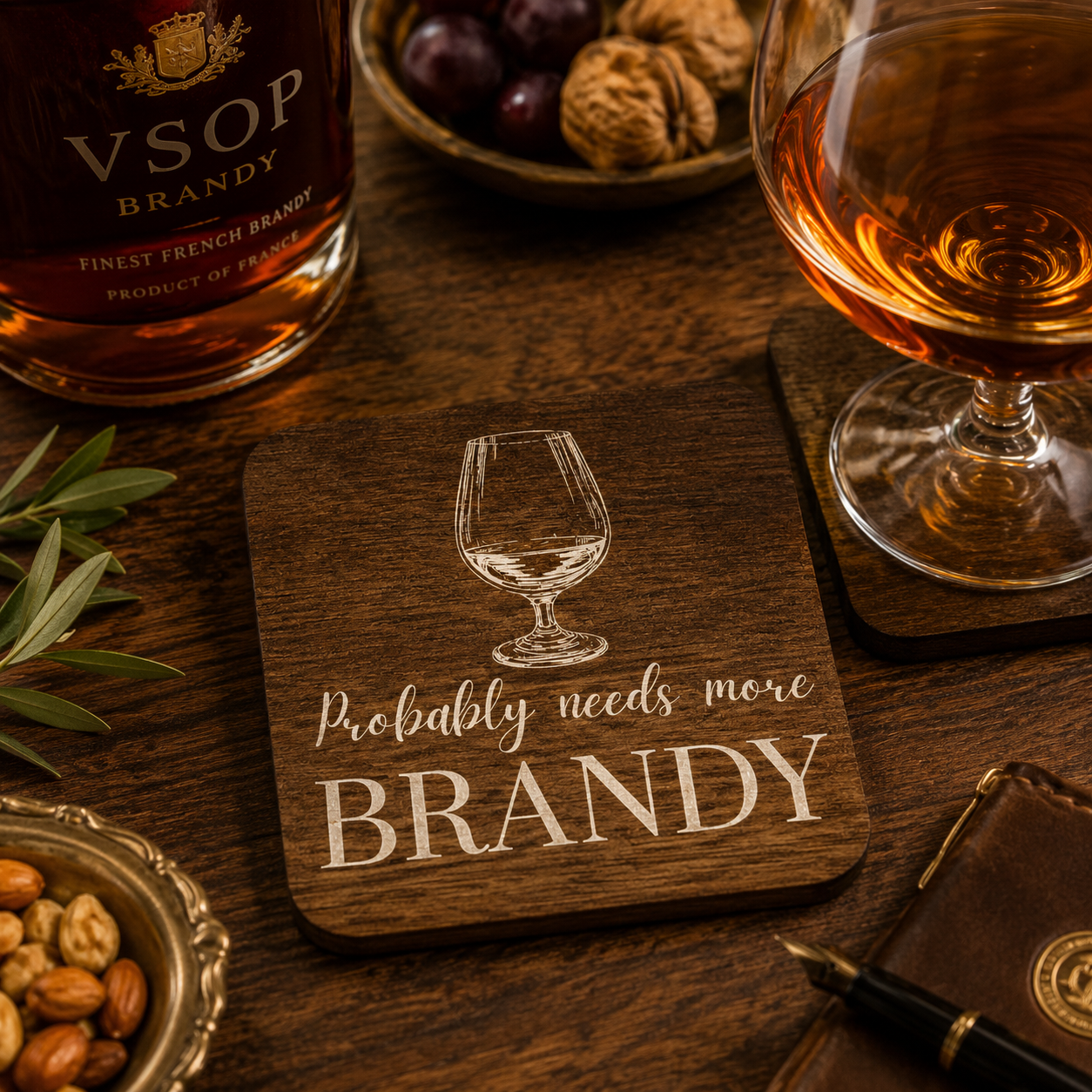 Square wooden coaster with the funny quote "Probably needs more brandy" and a brandy glass illustration on a wooden bar with brandy bottle, glass and nuts.