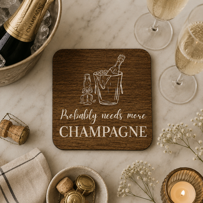 Square wooden coaster with 'Probably needs more Champagne' text, surrounded by champagne bottle, glasses, and decor on a marble surface.