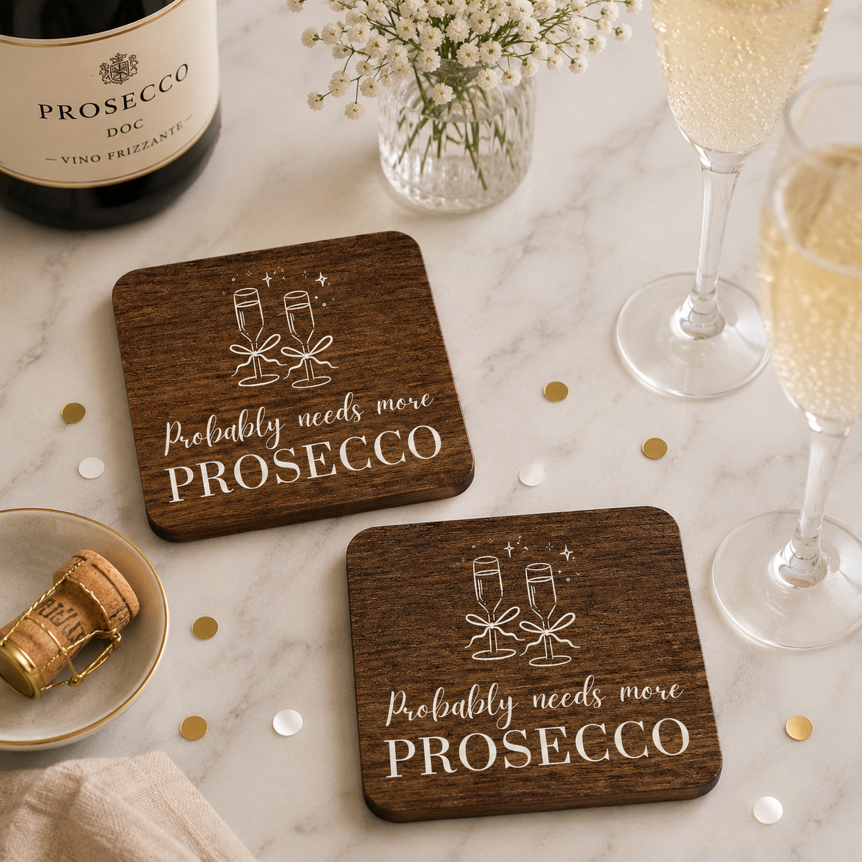 Square wooden coasters with 'Probably needs more Prosecco' text on a marble surface with Prosecco bottle and glasses.