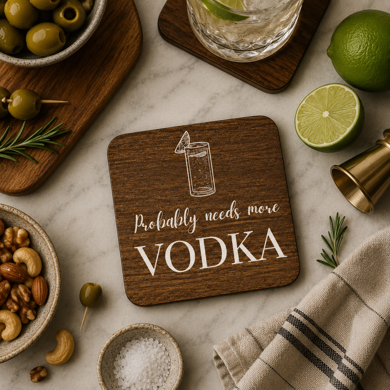 Square wooden coaster with 'probably needs more vodka' white text and vodka tonic illustration, on a marble bar with vodka glass, olives and limes.