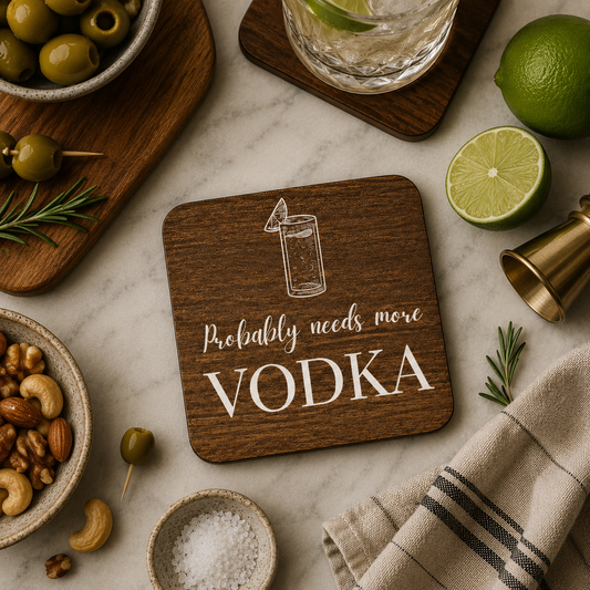 Square wooden coaster with 'probably needs more vodka' white text and vodka tonic illustration, on a marble bar with vodka glass, olives and limes.