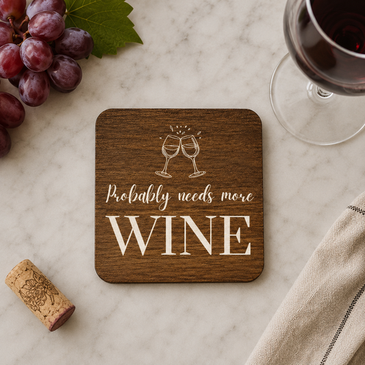 Square wooden coaster with 'probably needs more wine' quote and wine glasses illustration, on a marble bar with wine glass, cork and grapes.