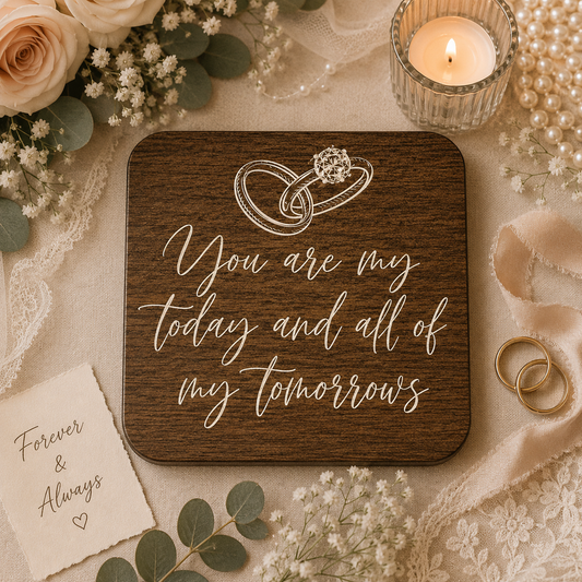 Square wooden coaster with the quote 'You are my today and all of my tomorrows' on a table with wedding rings, candles and flowers.