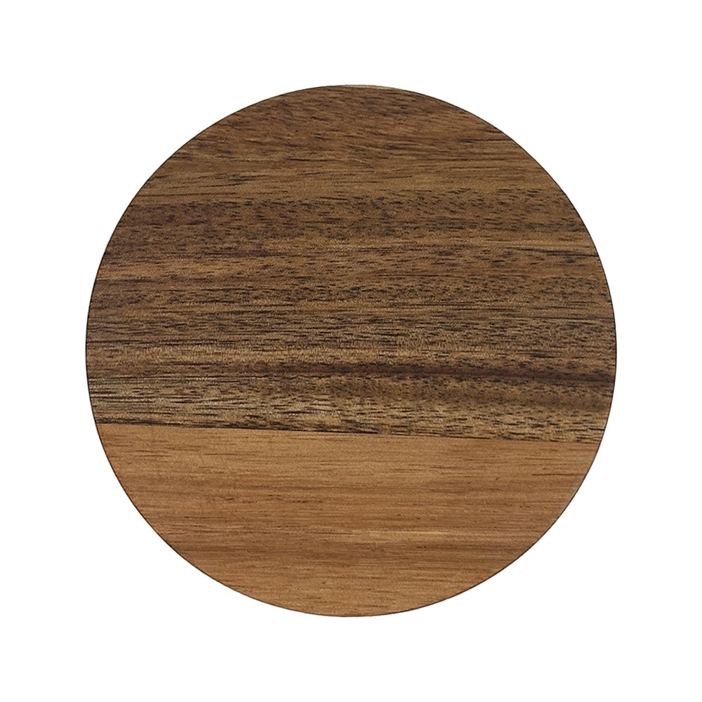 The back of a round acacia wood coaster with a natural wood grain pattern on a white background