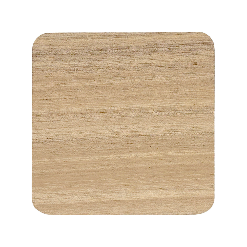 The back of a square wooden coaster on a white background