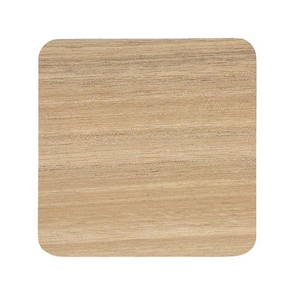 The back of a square wooden coaster on a white background