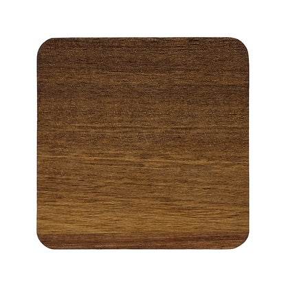 The back of a square acacia wood coaster with a brown finish on a white background