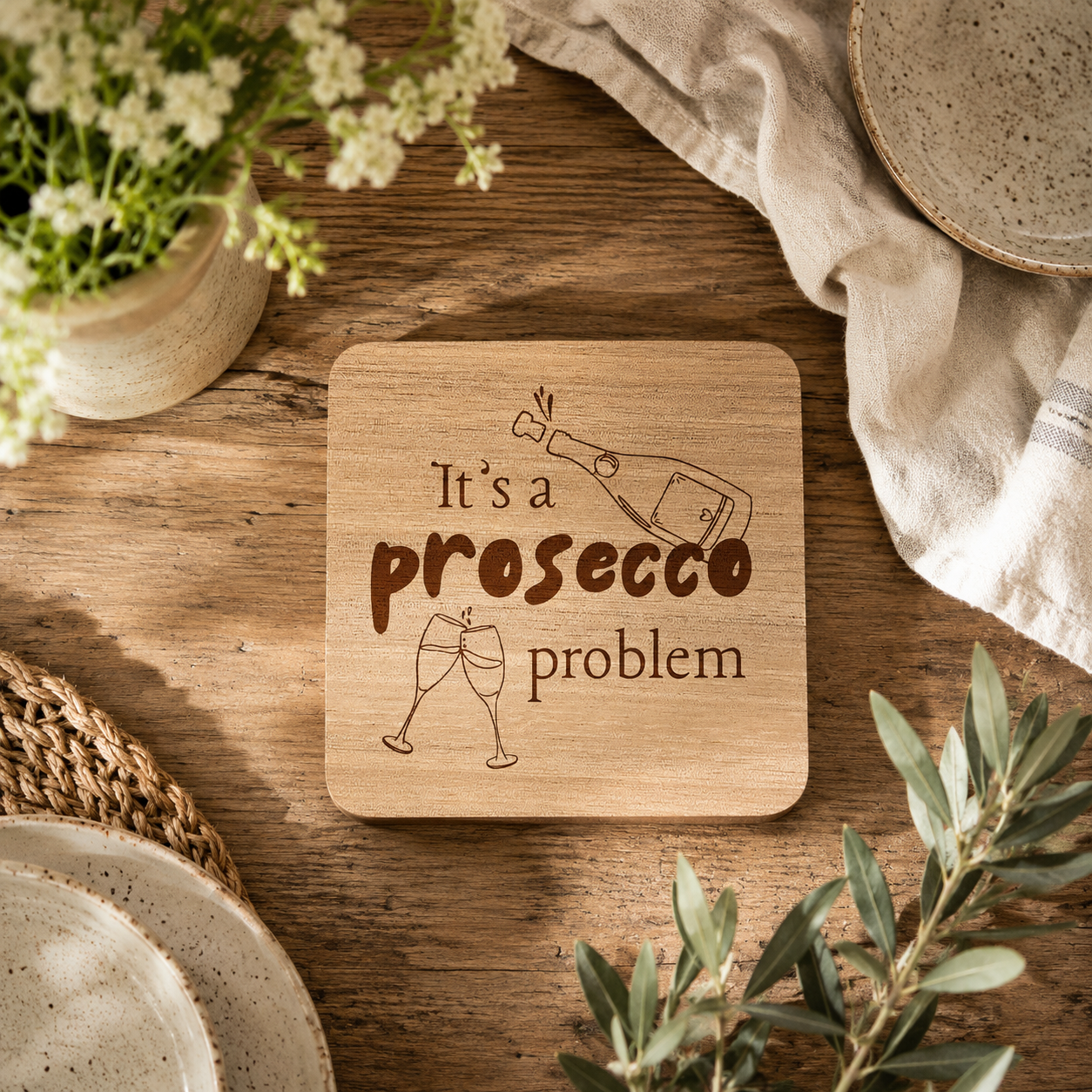 A square wooden coaster with rounded corners featuring the text 'It's a prosecco problem' and simple illustrations of a bottle and clinking glasses, displayed on a rustic wooden table with plates, flowers, and a cloth around it.