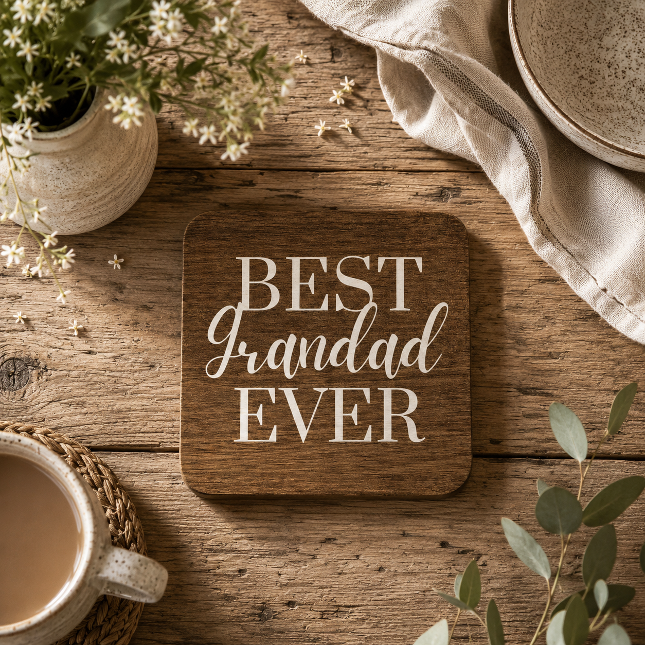 A square wooden coaster with rounded corners reading 'BEST Grandad EVER' in white lettering, styled on a rustic wooden tabletop with flowers, a cup, a cloth napkin, and a bowl nearby.