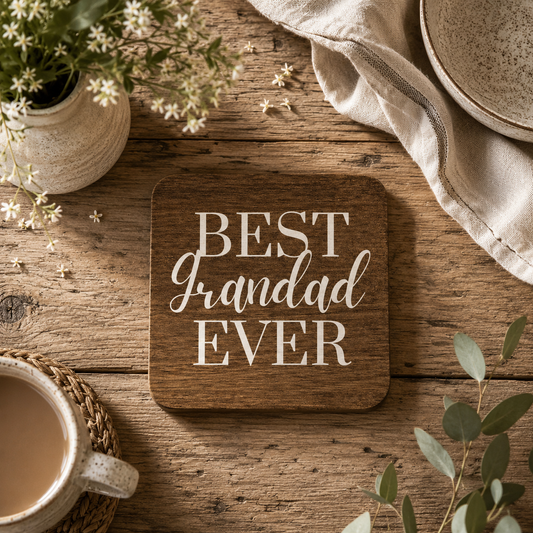 A square wooden coaster with rounded corners reading 'BEST Grandad EVER' in white lettering, styled on a rustic wooden tabletop with flowers, a cup, a cloth napkin, and a bowl nearby.