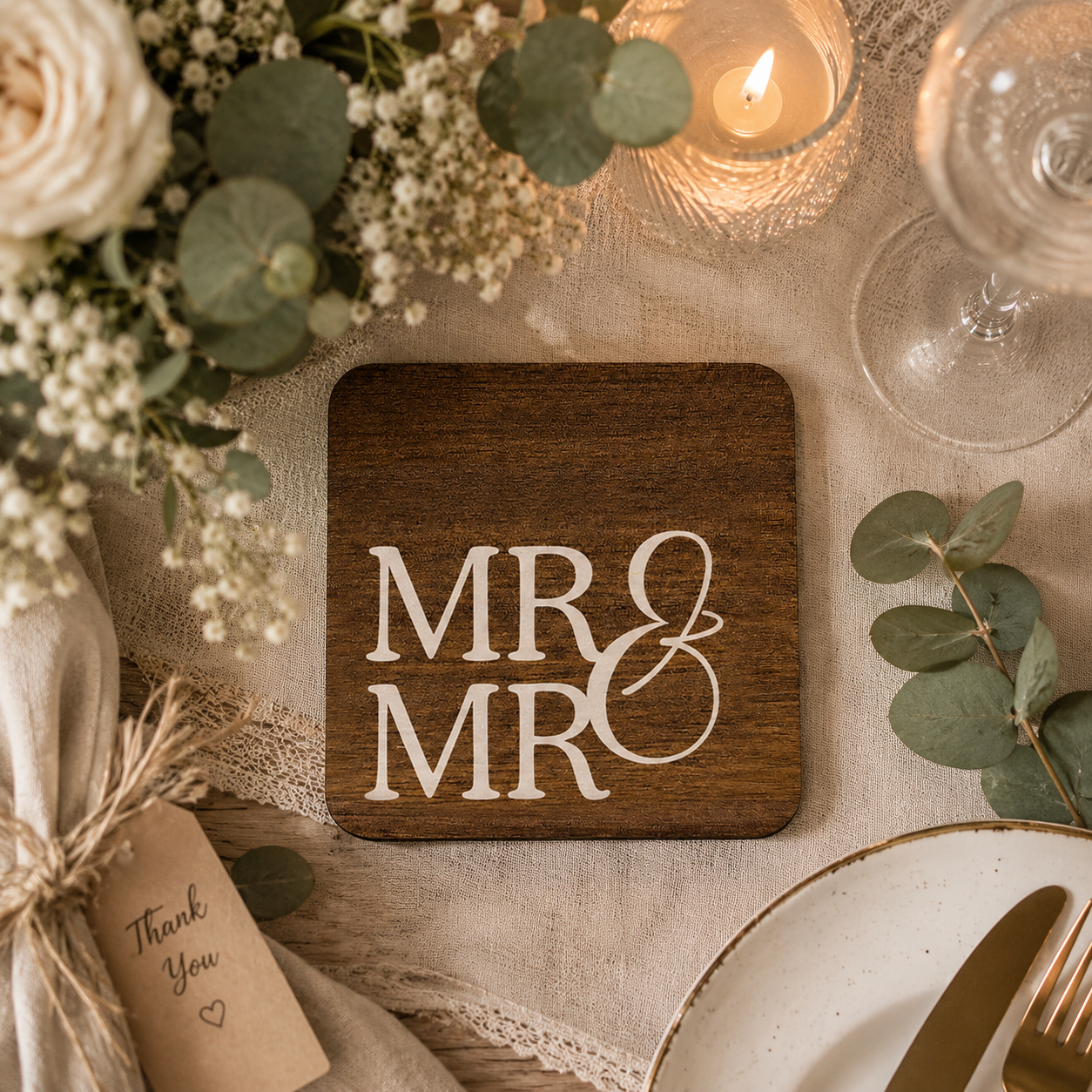A square dark wood coaster with 'MR & MR' in white serif lettering, styled on a beige tablecloth with flowers, greenery, a lit candle, and tableware.