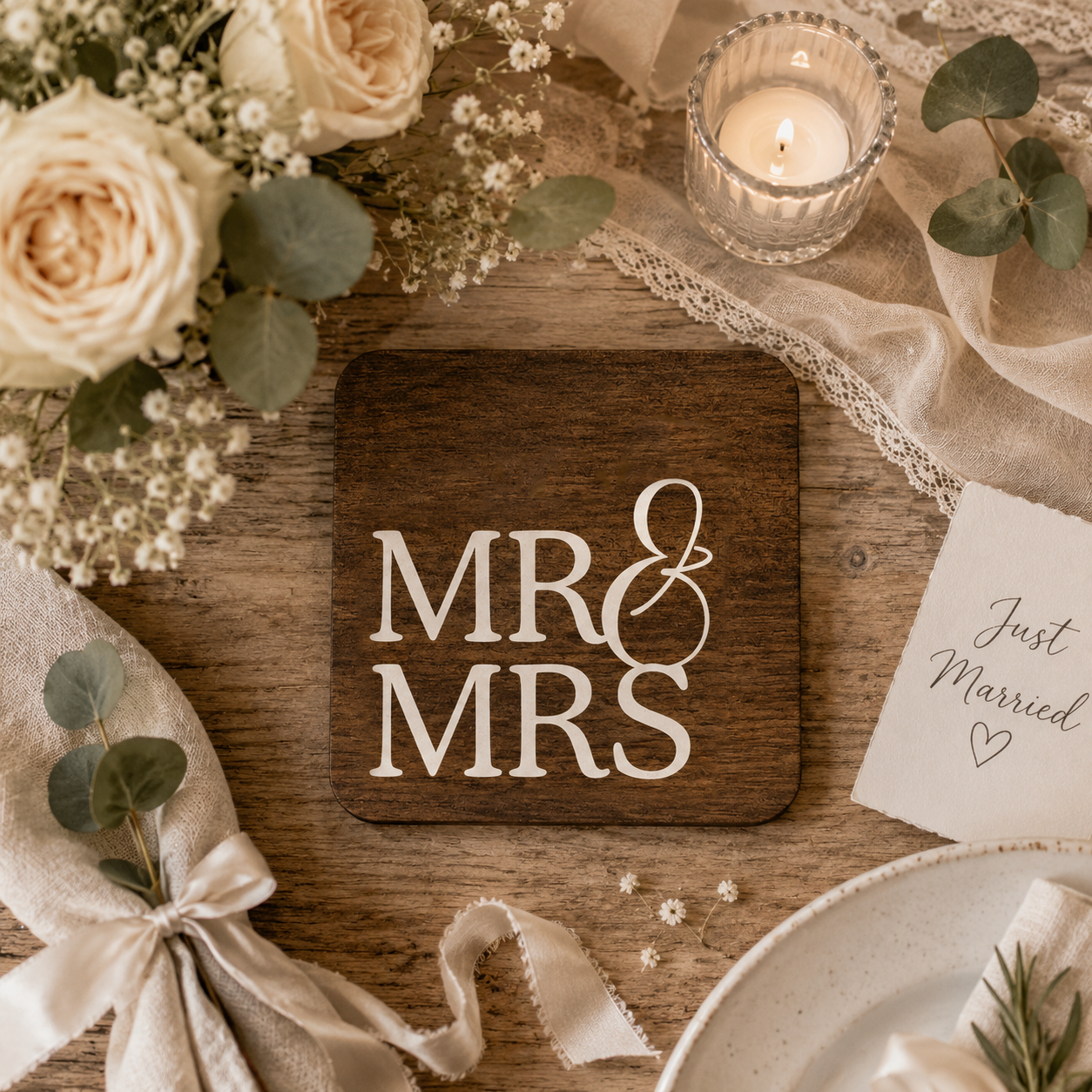 A square wooden coaster with 'MR & MRS' in white lettering, styled on a rustic wooden table with wedding flowers, a lit candle, lace, ribbons, and a 'Just Married' card.