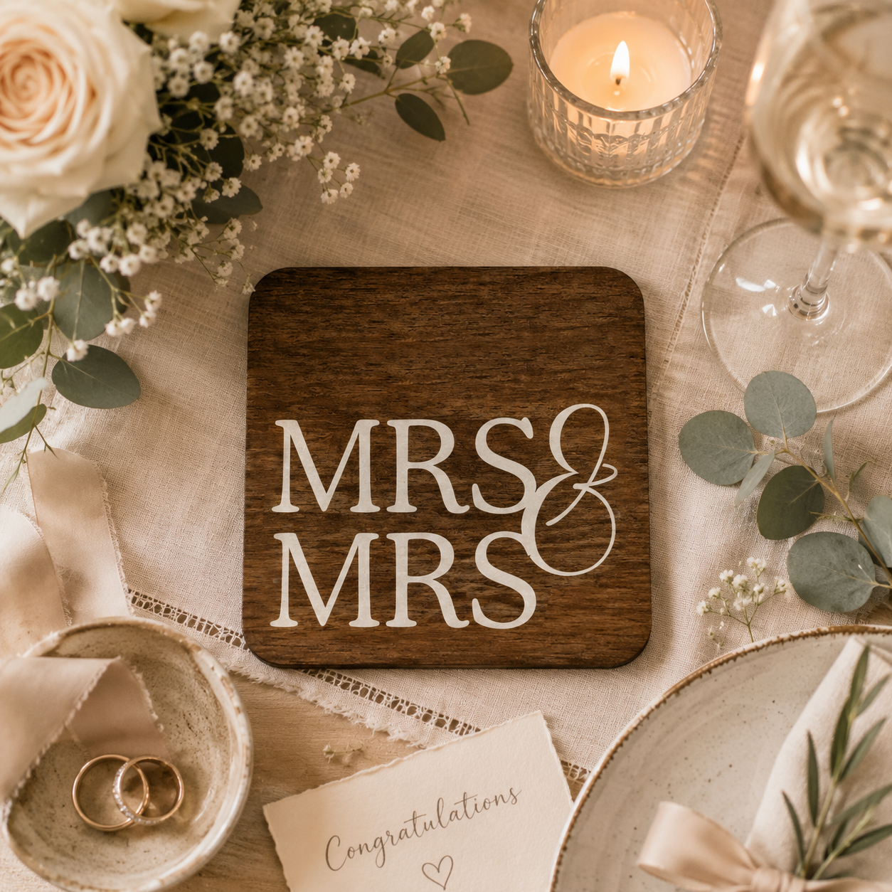 A square dark wood coaster with white 'MRS & MRS' lettering, styled in a rustic wedding setting with a candle, wine glass, rings, flowers, and a congratulations card.