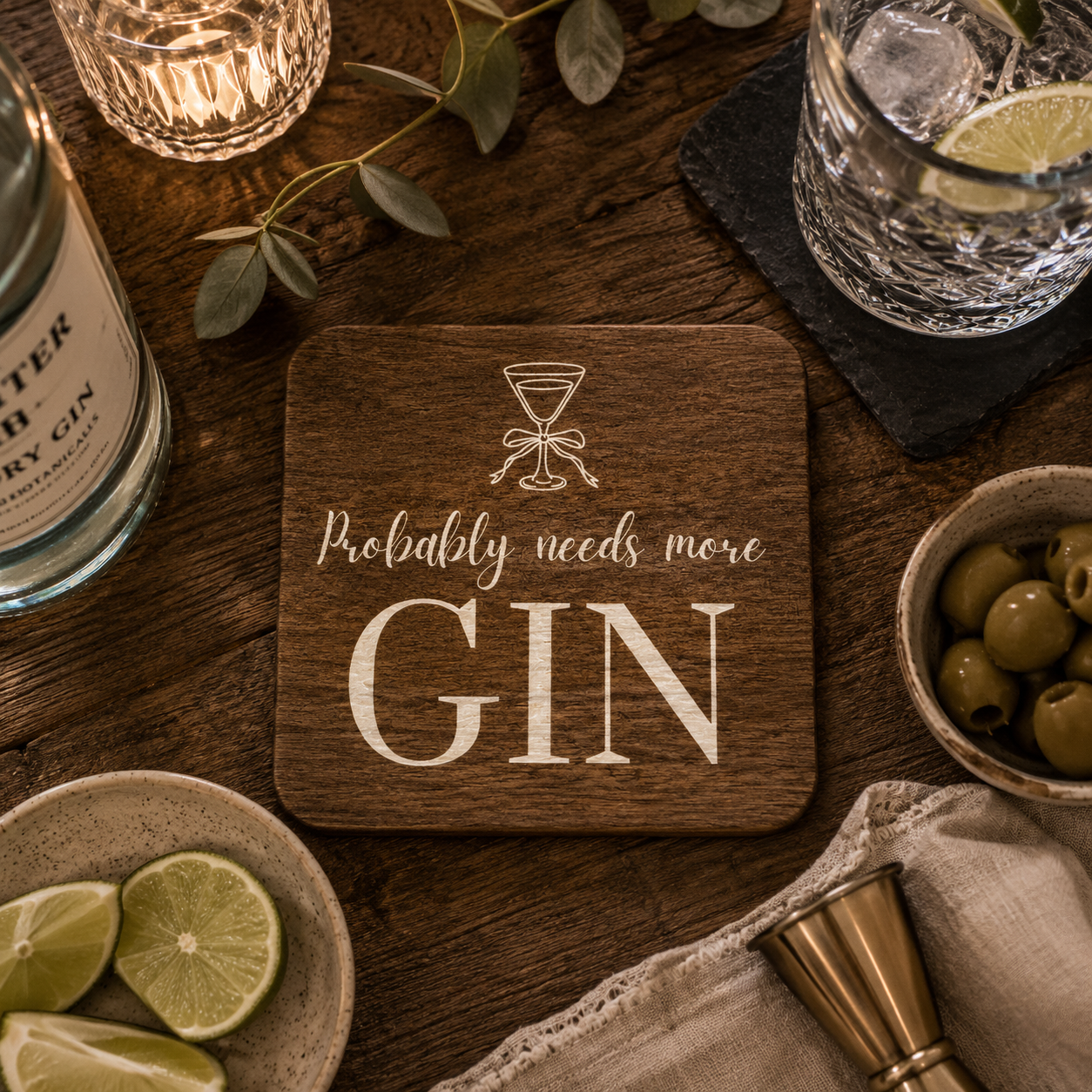 A square wooden coaster with rounded corners sits on a dark wooden table, printed with a cocktail glass icon and the phrase 'Probably needs more GIN' in white lettering. The coaster is styled in a bar scene with a bottle of gin, a glass of gin with a lime, olives, lime slices, a jigger, and a cloth napkin.