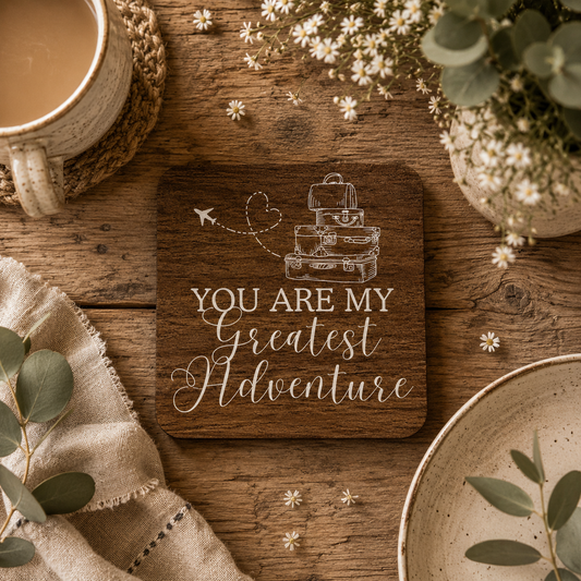 A square dark wood coaster with the phrase 'YOU ARE MY Greatest Adventure' and a simple suitcase illustration, styled on a rustic wooden tabletop with flowers, a mug, and a plate.
